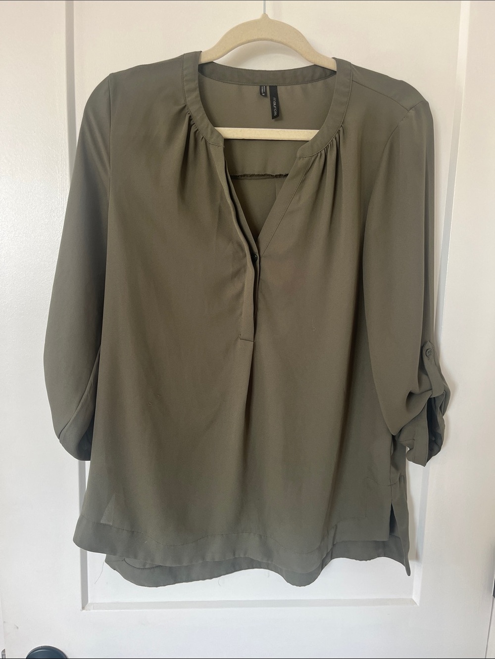 Maurices Olive Green V-Neck Roll-Sleeve Blouse